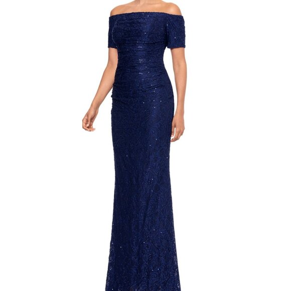 Xscape Petite Off-the-Shoulder Lace Evening Gown – Navy – Size 10P NWT - Picture 1 of 5